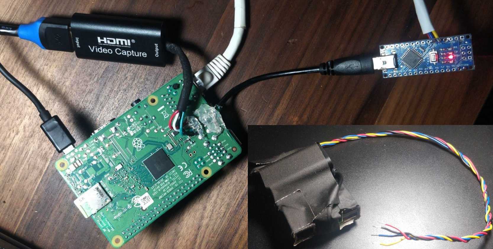 Outer photo: Pi with USBs soldered on. Inner: Taped-up package. 